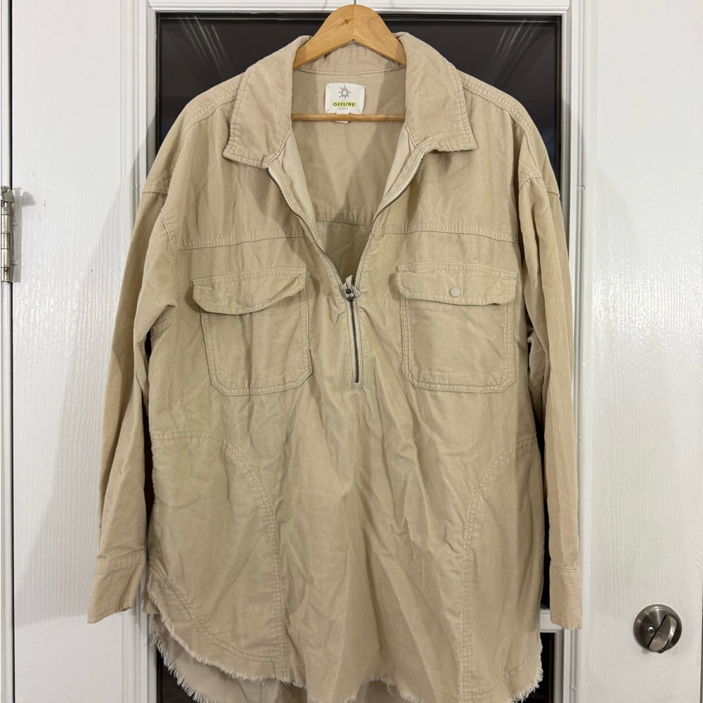 Offline Aerie Shacket Womens Oversize L Cream Corduroy 1/2 Zip Pocket Pullover